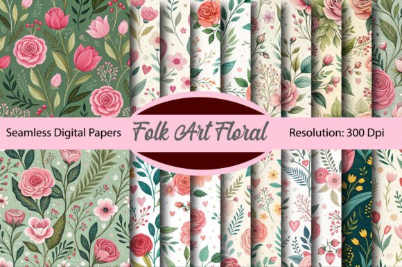 Download Folk Art Floral Valentine Digital Paper - Premium Bundle